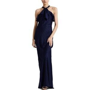 NWT Ralph Lauren Striped Satin Halter Gown French Navy Womens Dress Size 14